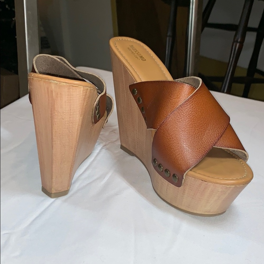 Brown Faux Leather Wedge Sandals